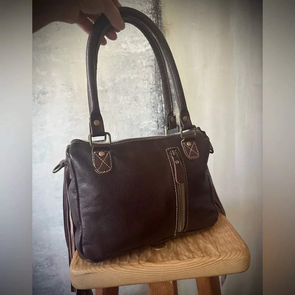 Brown and Cream Leather Fringe Handbag - Picture 5 of 9
